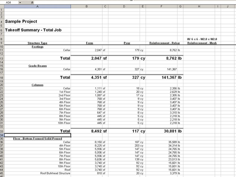 Quantity takeoff sheet document preview